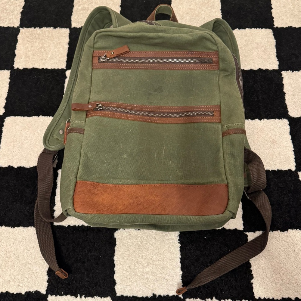 United Leather Green & Brown Heavy Canvas Backpack w/ Leather Trim